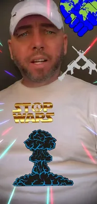 This phone live wallpaper features a man wearing a "Stop Wars" t-shirt