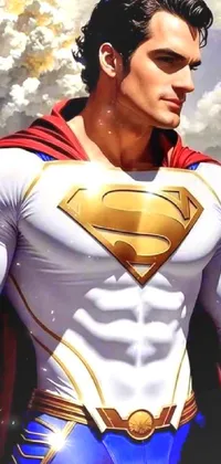 This live wallpaper features the iconic superman standing against a cloudy sky, holding the lasso of truth with the famous Superman logo shining brightly behind him