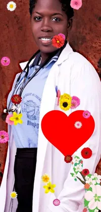 This phone live wallpaper features a woman in a lab coat posing for a picture