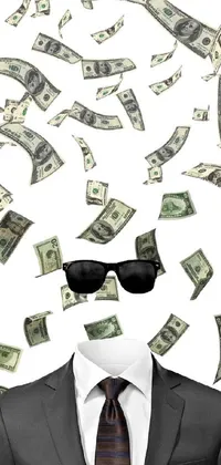 This phone live wallpaper features a man in a sleek suit and sunglasses sitting amid piles of money giving off an air of success and power