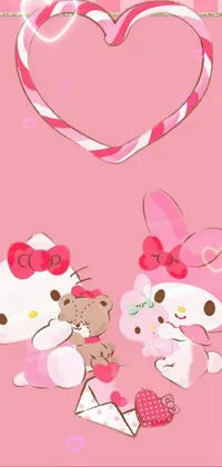 This live phone wallpaper features two cute and cuddly Hello Kitty characters sitting side by side with a picturesque frame in the background