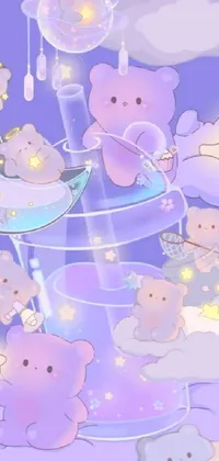 This delightful phone live wallpaper depicts a whimsical group of teddy bears sitting atop a fluffy cloud in the astral plane
