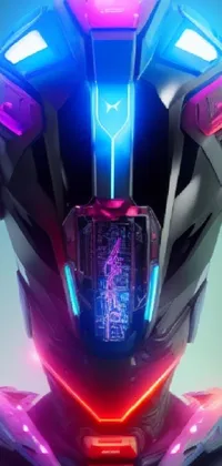 This futuristic phone live wallpaper showcases a close up of a sleek, robotic helmet with neon colors and mechanical features, resembling an advanced female android or Cybertron inhabitant