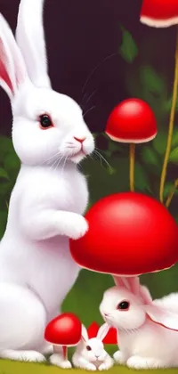 This delightful phone live wallpaper features a high-quality illustration of a cute, lifelike white rabbit standing beside a vibrant, red-capped mushroom