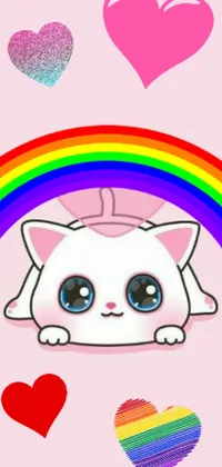 This lively phone wallpaper features a cartoon-style cat with a vibrant rainbow in the background