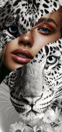 This black and white digital art live wallpaper features a photorealistic print of exotic patterns with two animals - a woman and a leopard