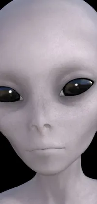 This immersive live wallpaper features a close up of an alien head in ambient occlusion rendering, with an oval and silver-eyed full body