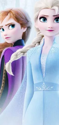 This lively phone wallpaper features two female characters - one is dressed as Elsa from a popular movie and the other is a blue-skinned character inspired by Avatar