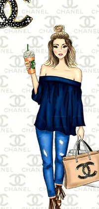 This chic and trendy live wallpaper for your phone features an elegant drawing of a woman holding a bag and a drink