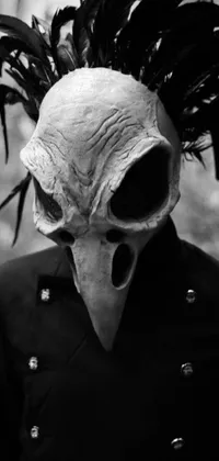 This phone live wallpaper showcases a close-up of a person wearing a bird mask as the centerpiece