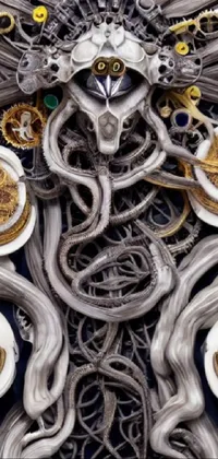 This striking live phone wallpaper showcases an up-close image of a wall clock, with intricate roots and a snake skeleton weaving around it