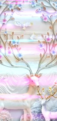 This mobile live wallpaper depicts two deer in an art nouveau style using paper quilling techniques, providing a smooth and intricate texture