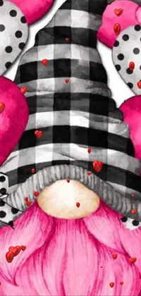 This digital phone wallpaper features a whimsical illustration of a pink and black gnome with heart accents