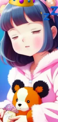 This adorable live wallpaper displays a young girl asleep with her teddy bear on top of a bed underneath a starry night sky