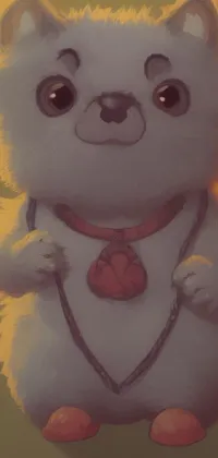 This phone live wallpaper features an adorable small white dog wearing a chain around its neck