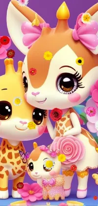 This phone wallpaper showcases a pair of giraffes standing side-by-side surrounded by flowers on their cheeks