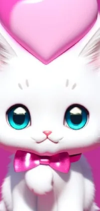 This eye-catching phone live wallpaper features a charming white feline with a pink heart on its head