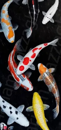 This stunning live phone wallpaper features a vibrant acrylic painting of a group of koi fish swimming in a tranquil pond