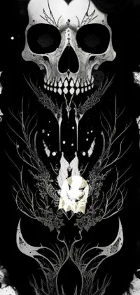 This phone live wallpaper showcases a captivating black and white drawing of a skull in a poster-art style