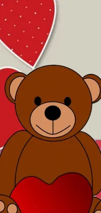 This adorable phone live wallpaper showcases a cute, brown teddy bear grasping a crimson red heart in a vibrant cartoon-style composition