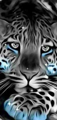 This black and cyan colored phone live wallpaper features a stunning painting of a leopard with piercing blue eyes