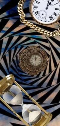 This phone live wallpaper presents a surreal scene, featuring a clock and an hourglass on a table, along with a mesmerizing op art design on the clock face