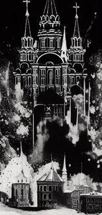 This phone live wallpaper features an impressive black and white drawing of a building enveloped in smoke
