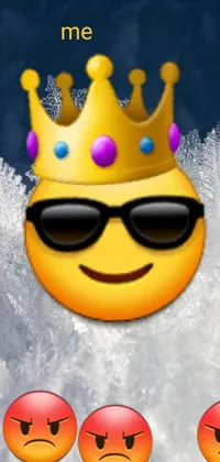 Looking for a fun live wallpaper for your phone? Check out this playful group of emoticons wearing crowns! Each emoji has its unique style, with some wearing sunglasses, displaying flames, or expressing a chilled-out vibe