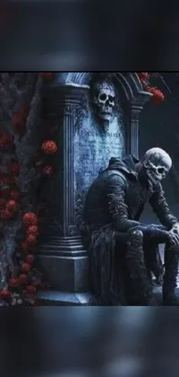 This gothic live wallpaper features a beautiful male god of death, sitting thoughtfully in front of a grave and a statue
