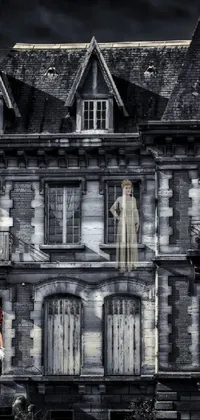 This live wallpaper features a creepy, gothic-style image of a woman standing in front of a grand house, perfect for fans of horror aesthetics