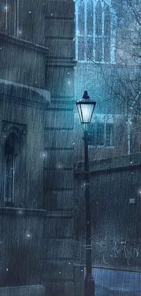 This live phone wallpaper features a street light on a dark, wet London alley at night, during a heavy rainstorm