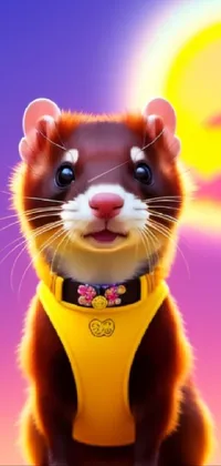 This stunning phone live wallpaper depicts a cute ferret sitting on a vibrant yellow surfboard