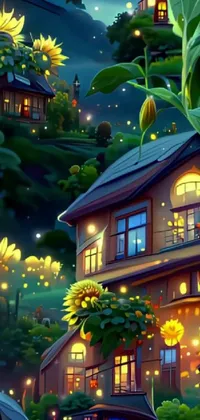 This live phone wallpaper showcases a charming countryside house with sunflowers in the front, golden fireflies, and lush trees