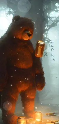 This stunning phone live wallpaper features a majestic brown bear standing next to a lit candle and holding a beer can