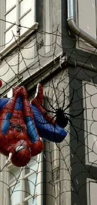 Get ready to experience the thrills of the city with this amazing live wallpaper for your phone! See Spider-Man, the famous superhero, hanging from a building in a stunning close-up photo that captures every detail of his costume and the Halloween decorations around him