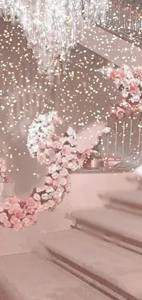 This stunning phone live wallpaper features a gorgeous staircase adorned with vibrant flowers and a glimmering chandelier