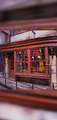 This live wallpaper features a digital rendering of a shop front in a red and yellow color scheme, with a view of the building's interior through the window