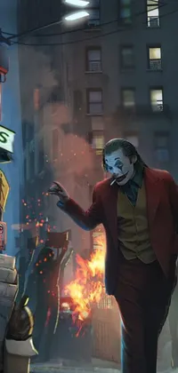 This phone live wallpaper features the iconic character, The Joker, walking down a street in his signature outfit