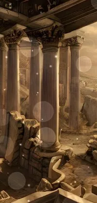 This live phone wallpaper showcases an intricately detailed matte painting of ancient ruins in a virtual city