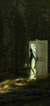 This live phone wallpaper showcases a digital art piece of a woman standing within an open door in a forest at night
