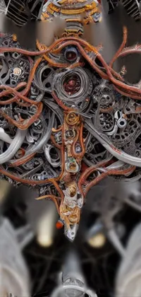 This phone live wallpaper features a close-up of a highly-detailed machine on a black background
