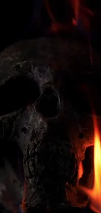 This phone live wallpaper features a fiery skull up close against a black background