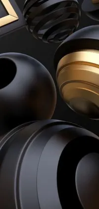 This black and gold live wallpaper showcases a group of metallic objects on a dark surface, offering a mesmerizing 3D render