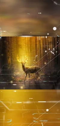This phone live wallpaper showcases a stunning digital art of a deer standing in a steampunk forest