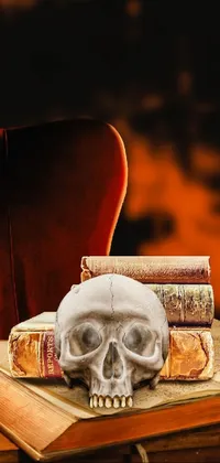 Transform your phone into a chilling display with this live wallpaper featuring a skull resting on top of a stack of antique books