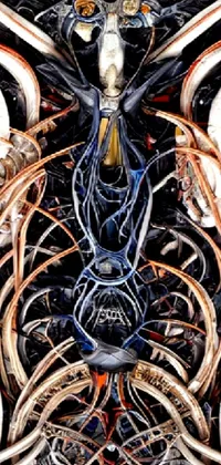 The mesmerizing close-up live wallpaper for your phone features ultra-detailed, digitally rendered wires in metallic hues, with a chaotic yet precise, full-body view of complex machine internals