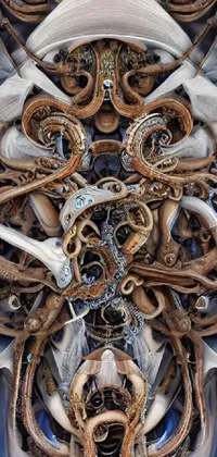 This stunning live phone wallpaper featuring an intricately detailed octopus is a work of art inspired by vorticism geometric forms, biomechanical machinery, and hyper-detail macrophotography