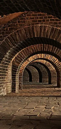 This phone live wallpaper showcases a mesmerizing brick tunnel against an old brick building with an essence of minimalism