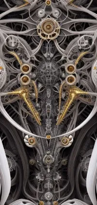 This phone live wallpaper showcases a highly detailed and intricate design with a metallic color scheme that features various shades of silver, bronze, and gold