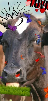 This phone live wallpaper features a digital rendering of a lively cow with a frisbee in its mouth, set against a scenic hay meadow landscape